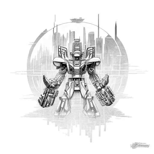 Transformers battling in a futuristic cityscape tattoo design idea