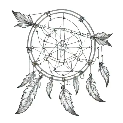 an arrow, with a dream catcher with three feathers representing family tattoo design idea