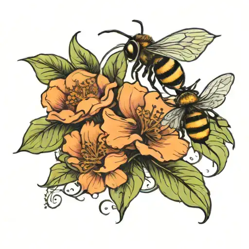 two flowers and a bee in art nouveau style  tattoo design idea