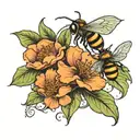 two flowers and a bee in art nouveau style  tattoo design idea
