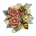 two flowers and a bee in art nouveau style  tattoo design idea