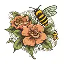 two flowers and a bee in art nouveau style  tattoo design idea