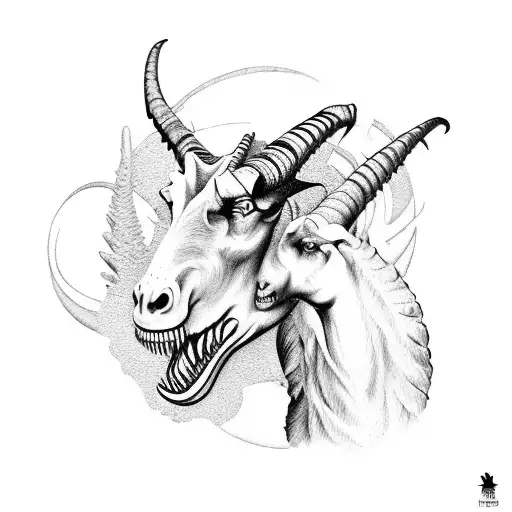 2 goats with dinosaurs, horses, skulls and sunflowers tattoo design idea