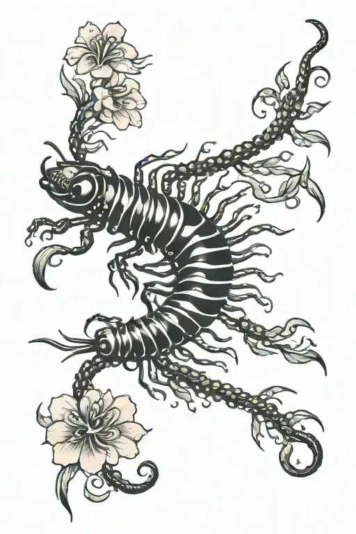 Japanese Centipede with Lycoris radiata flowers tattoo design idea