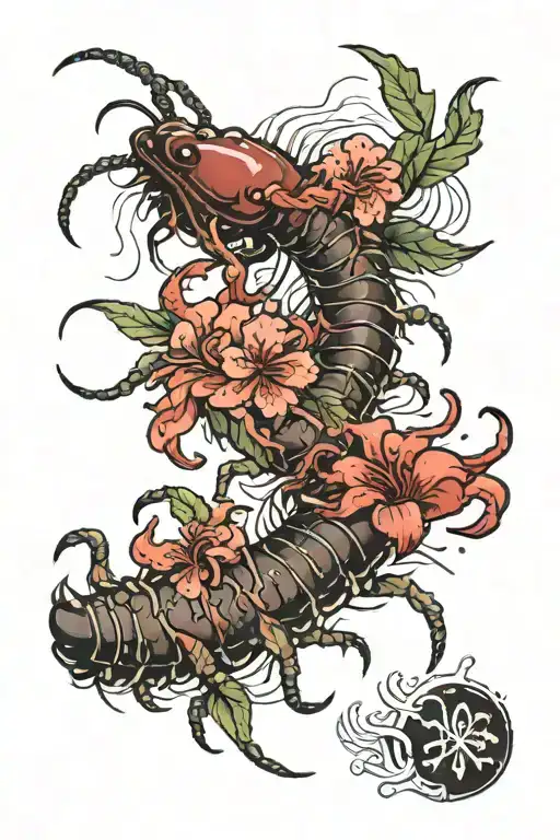 Japanese Centipede with Lycoris radiata flowers tattoo design idea