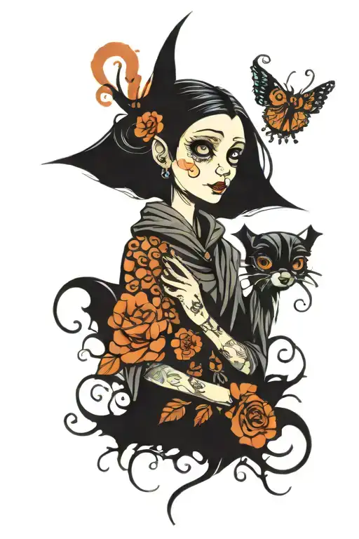 loss of grandmother with coraline elements tattoo design idea