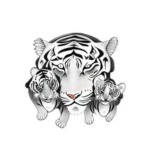 A traditional tattoo design showcasing a mother tiger cuddling her two tiger cubs, with vibrant colors and bold outlines. tattoo design idea