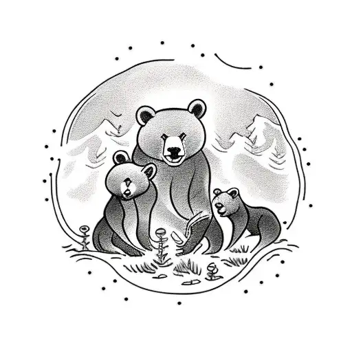 A traditional tattoo design featuring a mother bear and her two bear cubs playing in a forest setting. tattoo design idea