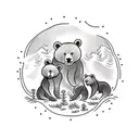 A traditional tattoo design featuring a mother bear and her two bear cubs playing in a forest setting. tattoo design idea