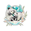 A traditional tattoo design featuring a mother bear and her two bear cubs playing in a forest setting. tattoo design idea