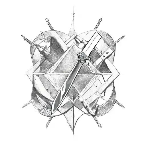 a medieval sword going into an inverted triangle shape with a falling angle emerging below the point of the triangle tattoo design idea