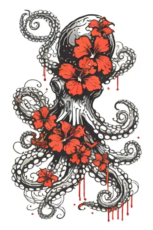 Octopus with red hibiscus flowers tattoo design idea