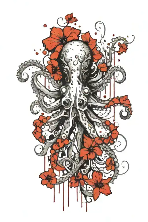 Octopus with red hibiscus flowers tattoo design idea