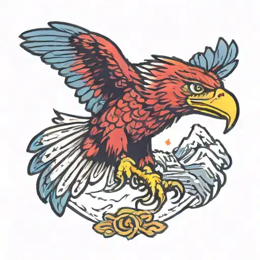 American Eagle head with a red and blue mullet with a gold beak, throwing the rock on sign tattoo design idea