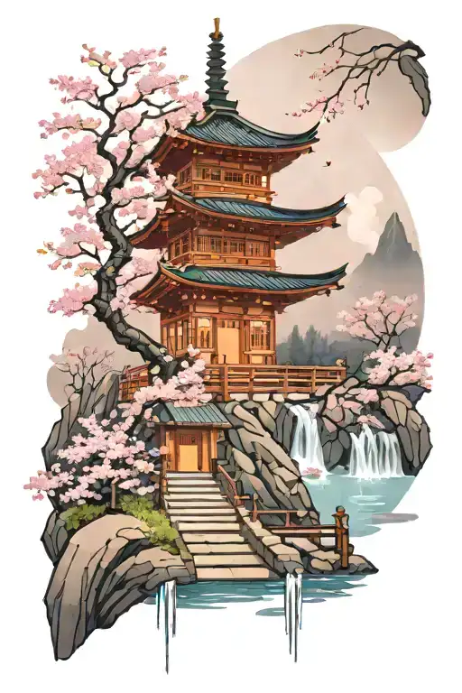 japanese pagoda temple with cherry blossoms, scenery with water and steps, pink sakura pedals falling in the background tattoo design idea
