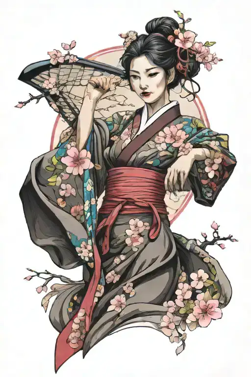 japanese woman dressed in hakama, colored, beautfil scenery, sakura pedals tattoo design idea