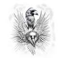 one raven beat up, second raven, both ravens flying around a tree of life growing out of an human heart tattoo design idea