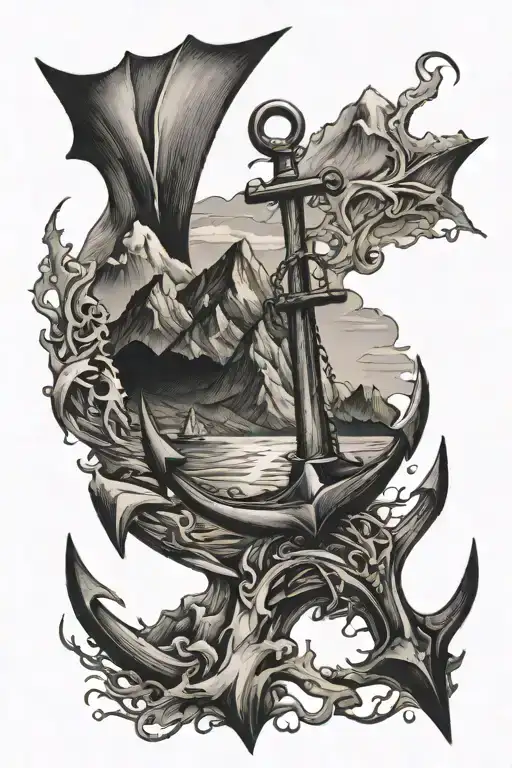 mountains and the ocean. anchor intertwined tattoo design idea
