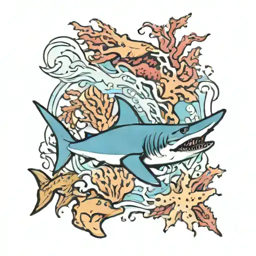 An underwater scene with a thrasher shark swimming among colorful coral reefs tattoo design idea