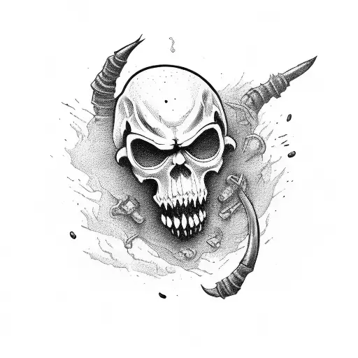 A haunting depiction of a reaper holding a grenade, symbolizing the destructive power of war tattoo design idea