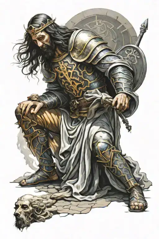 Battle weary crusader, kneeling before Jesus, who stands in judgment. tattoo design idea