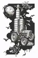 Combine elements of farming, Tractors, and dairy animals into a blackwork sleeve tattoo tattoo design idea