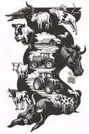 Combine elements of farming, Tractors, and dairy animals into a blackwork sleeve tattoo tattoo design idea
