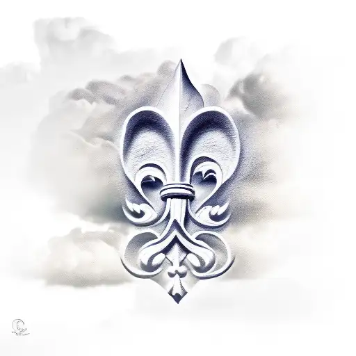 fleur de lis with clouds and script tattoo design idea