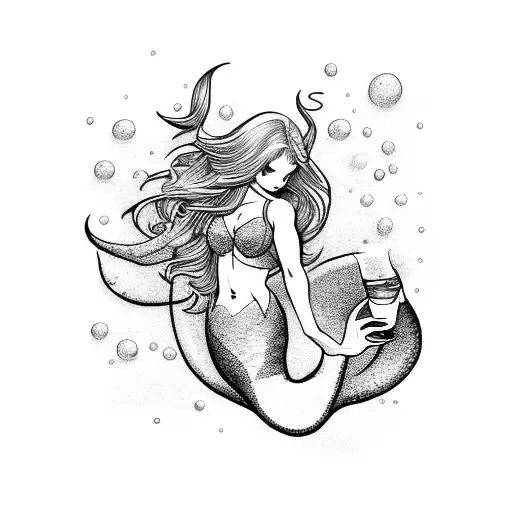 A mystical mermaid enjoying a glass of beer in a fantasy world tattoo design idea