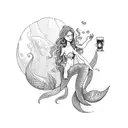 A mystical mermaid enjoying a glass of beer in a fantasy world tattoo design idea