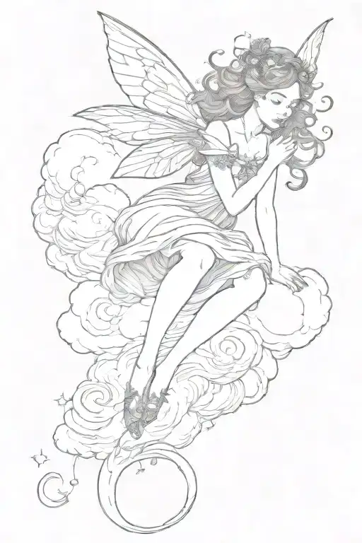 a fairy that hugs herself on a cloud tattoo design idea