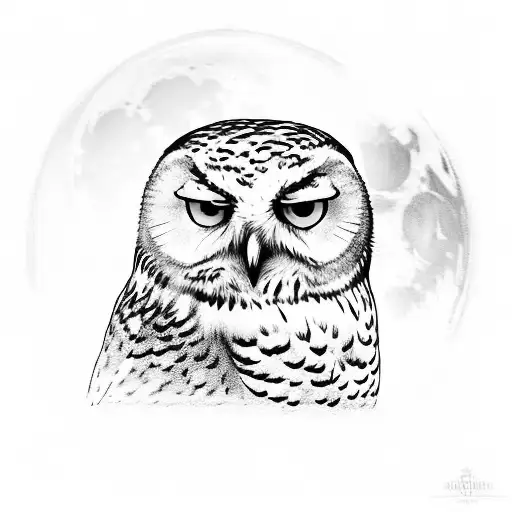 An elegant snowy owl perched on a branch with a moon behind it tattoo design idea