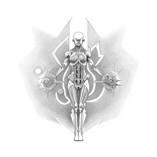 /imagine prompt: Fullbody Tattoo, based on Science Anatomy and Greek Mythology ::5 futuristic::1 photorealistic::2.1 ske tattoo design idea