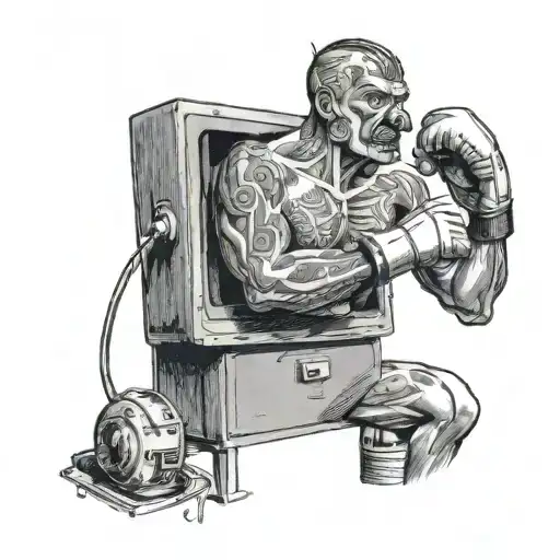 A boxer fights a computer that looks like a man with the head of a monitor tattoo design idea