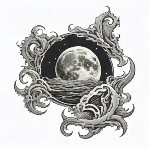 tattoo of a full moon with strong water waves crashing underneath, with more space elements and scorpio constellation tattoo design idea