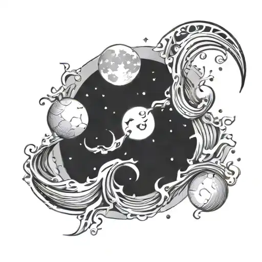 tattoo of a scorpio constellation with waves crashing underneath and full moon, with more space elements like saturn tattoo design idea