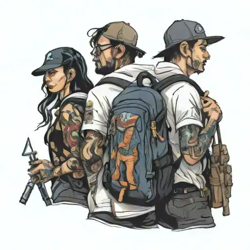 four people with backpacks tattoo design idea
