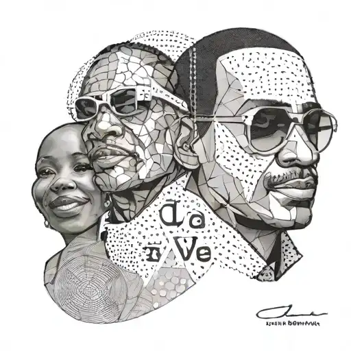 A geometric design incorporating the names of the client's daughter, father, and Stevie Wonder in an interconnected pattern tattoo design idea