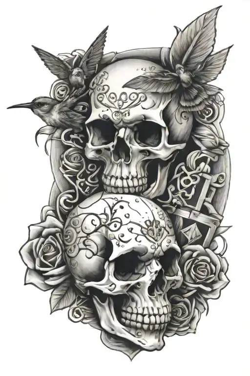 Skull, 3 aces, mallets and iron, hummingbird tattoo design idea