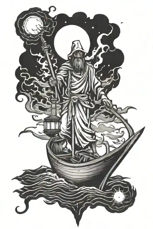 A boat in which Charon, the ferryman of the underworld, appears guiding the souls in the darkness with a lantern, style tattoo design idea