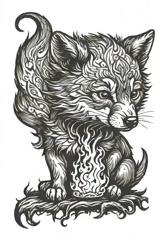 a timid wolf cub sits by a fire casting a shadow of a big, intimidating wolf tattoo design idea