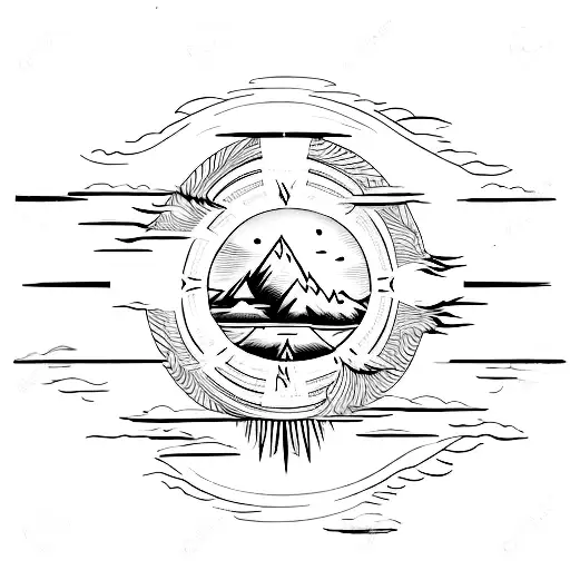 fine line spine tattoo with compass, sun, Waves, Mountains, pine trees,  Phoenix, Woman back facing with arms outstretch tattoo design idea