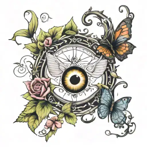 Create a spinal tattoo with the moon, an evil eye, butterfly, and vines tattoo design idea