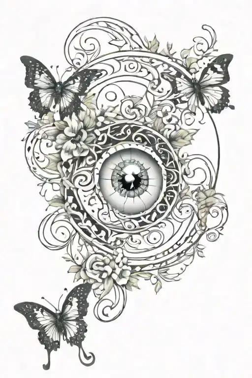  a spinal tattoo with the moon, an evil eye, butterfly, and vines tattoo design idea