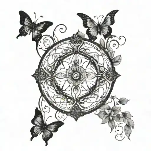 Create a spinal tattoo with the moon, an evil eye, butterfly, and vines tattoo design idea