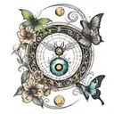 Create a spinal tattoo with the moon, an evil eye, butterfly, and vines tattoo design idea