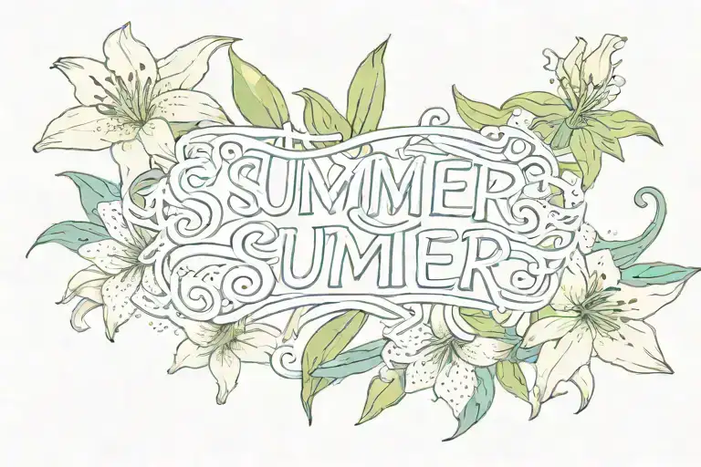 lilies around the name 'Summer' script font tattoo design idea