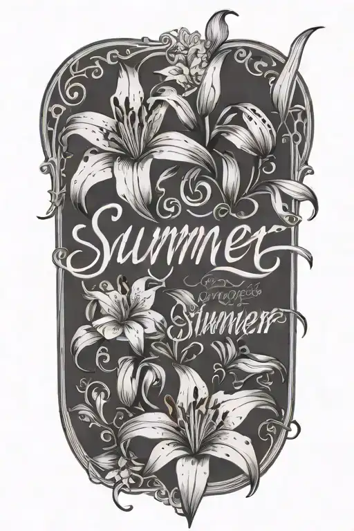 a lily with the name "Summer" written in cursive inside tattoo design idea