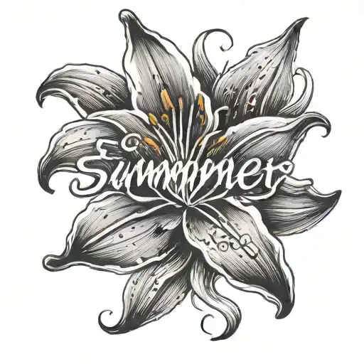 a lily with the word "Summer" written in cursive inside tattoo design idea