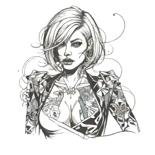 Sexy Busty Woman, short bob hairstyle cleavage facial piercings  tattoo design idea